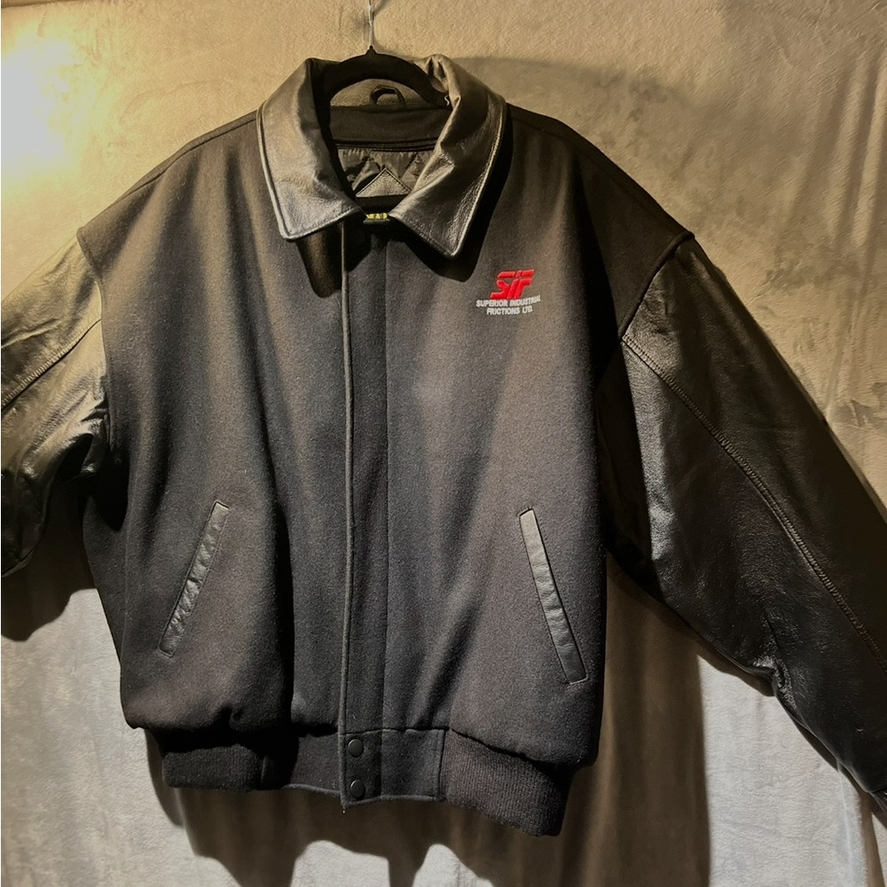 Black Bomber Jacket with Leather Sleeves
